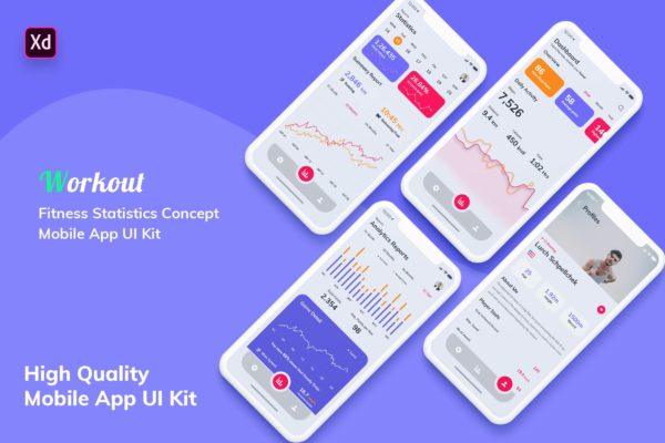 健身运动监测统计APP应用UI设计XD模板第一素材精选[日间版本] Fitness Statistics Mobile App Light Version (XD)