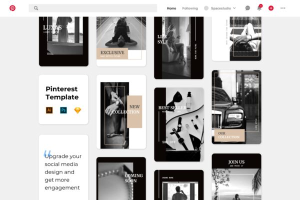 Pinterest社交平台奢侈品牌营销广告设计模板蚂蚁素材精选 Pinterest Templates Luxury Design