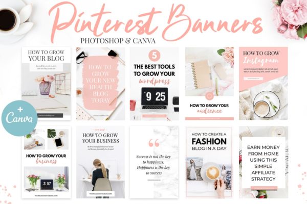 10款粉色主题Pinterest社交贴图广告设计模板蚂蚁素材精选v2 Canva Pinterest Templates V.2