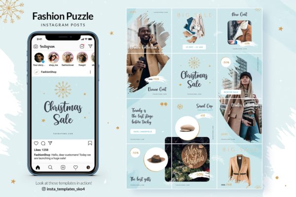 圣诞节时尚促销广告Instagram拼图风格设计模板第一素材精选 Christmas Fashion Sale – Instagram Puzzle