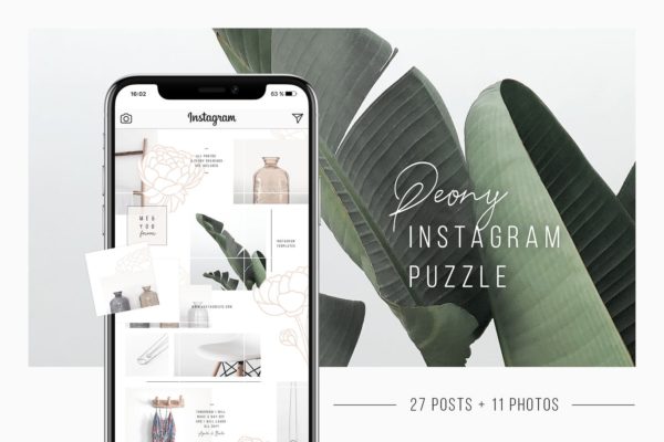 Instagram社交平台拼图设计风格贴图模板蚂蚁素材精选 Peony Instagram Puzzle Template + 11 Photos