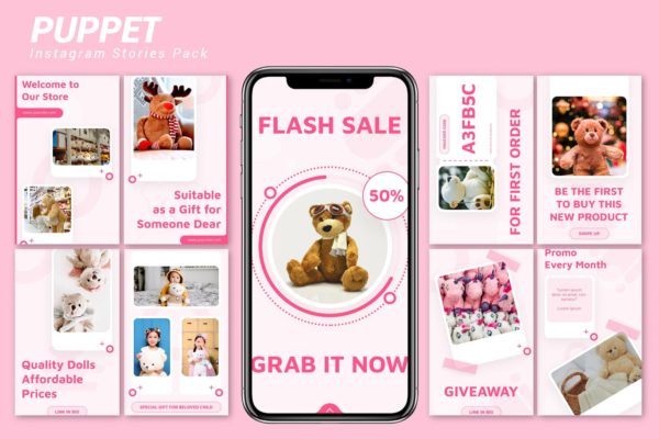 毛绒玩具品牌Instagram推广设计模板蚂蚁素材精选 Puppet – Instagram Story Pack