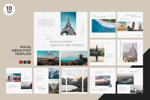 旅游度假主题社交媒体设计素材包 Travelling Vacation Social Media Kit PSD & AI