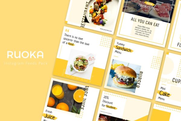 Instagram社交媒体美食主题信息流设计模板蚂蚁素材精选 Ruoka – Instagram Feeds Pack
