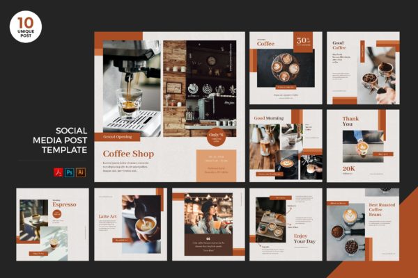 咖啡店社交媒体宣传推广设计素材包[PSD&AI] Coffee Shop Social Media Kit PSD & AI