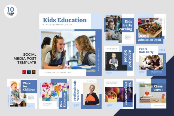 儿童教育主题社交媒体设计素材包 Children Education Social Media Kit PSD & AI