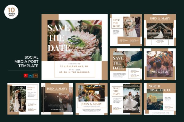 婚礼邀请主题社交媒体设计素材包 Wedding Invitation Social Media Kit PSD & AI