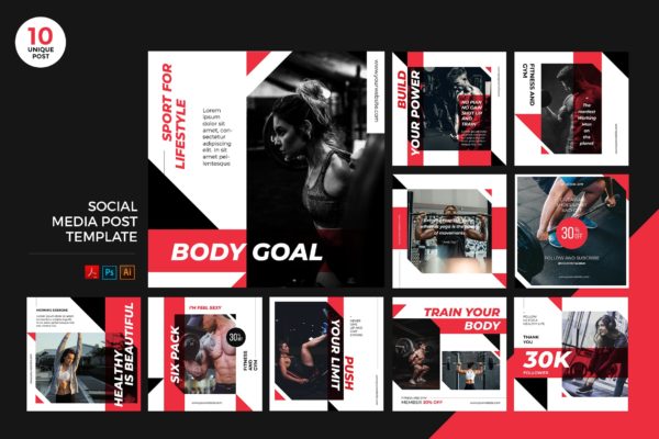 健身训练主题社交媒体设计素材包 Gym Training Social Media Kit PSD & AI Template