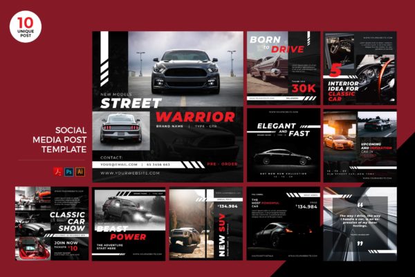 汽车品牌营销社交媒体设计素材包 Car Automotive Social Media Kit PSD & AI Template