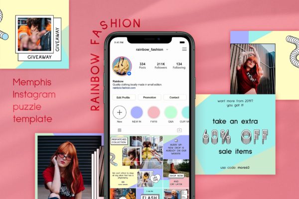 孟菲斯风格Instagram社交时尚拼图设计模板第一素材精选素材 Memphis – Instagram Fashion Puzzle