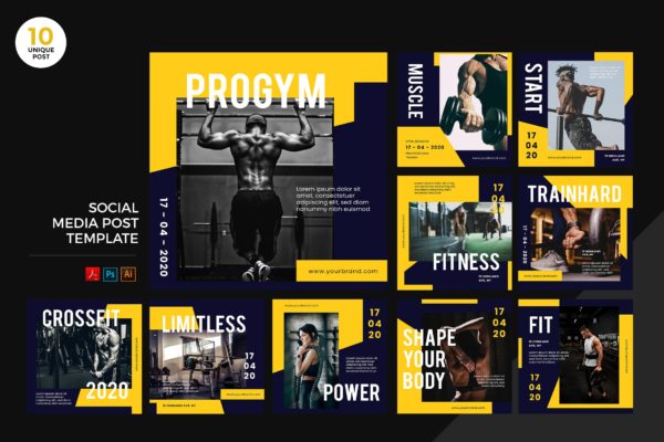 运动健身主题社交媒体设计素材包 Gym Healthy Lifestyle Social Media Kit PSD & AI