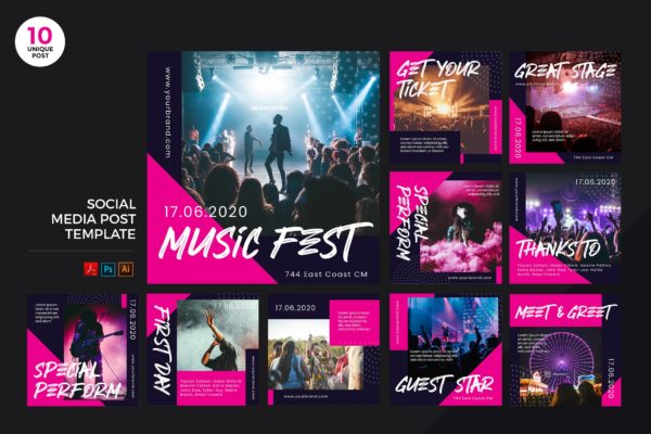 音乐节宣传社交媒体设计素材包 Music Festival Social Media Kit PSD & AI