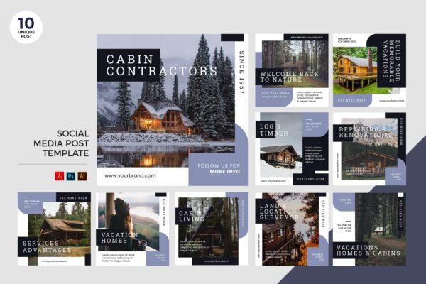 度假酒店民宿品牌社交媒体推广设计素材包 Vacation Lodge Social Media Kit PSD & AI