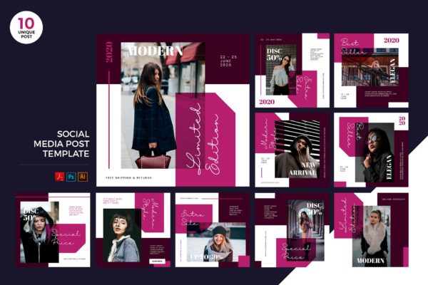 精品服饰推广社交媒体设计素材包 Elegant Boutique Social Media Kit PSD & AI