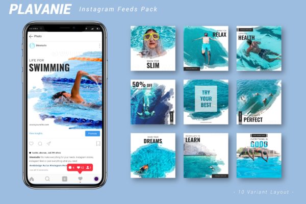 墨水印迹图形Instagram信息流贴图模板蚂蚁素材精选 Plavanie – Instagram Feeds Pack