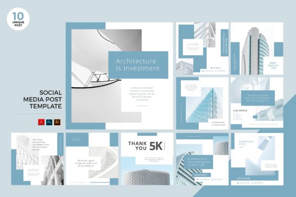 高端奢华建筑品牌社交媒体设计素材包 Architecture Social Media Kit PSD & AI Template