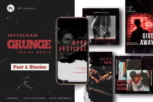 Instagram社交平台做旧风格品牌故事&贴图设计模板第一素材精选 Instagram Grunge Social Media Pack