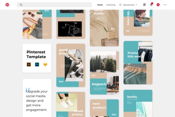 Pinterest社交网站电商网站/网店促销广告设计模板蚂蚁素材精选 Pinterest Templates Minimalist Shop Promotion