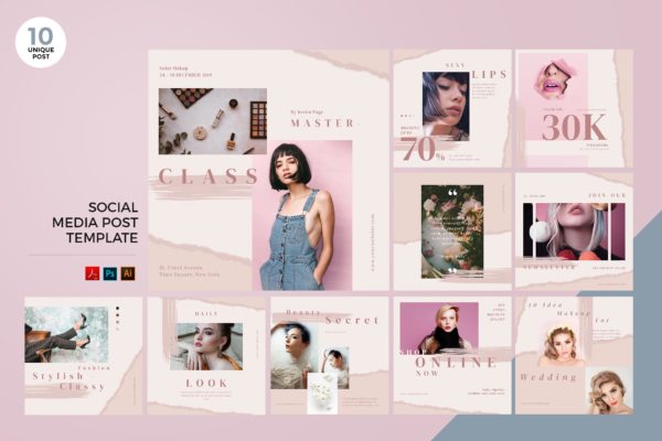 时尚化妆品推广社交媒体设计素材包 Fashion Cosmetic Social Media Kit PSD & AI