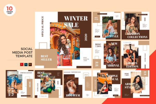 时尚品牌冬季销售主题社交媒体设计素材包 Winter Sale Fashion Social Media Kit PSD & AI