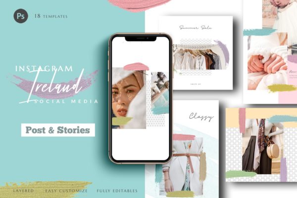 小资优雅风格Instagram社交网站品牌故事&贴图设计模板蚂蚁素材精选 Instagram Ireland Social Media Pack