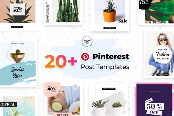 20+Pinterest社交文章简约时尚风格贴图设计模板蚂蚁素材精选 Pinterest Social Media Templates
