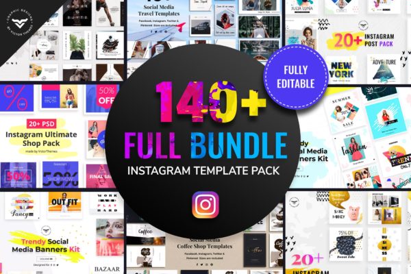 140+Instagram社交网站方形广告图设计PSD模板第一素材精选 Instagram Post Templates Full Bundle
