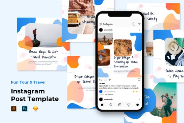 创意液体图形社交媒体新媒体设计模板第一素材精选素材 Instagram Post Templates – Travel Liquid Design