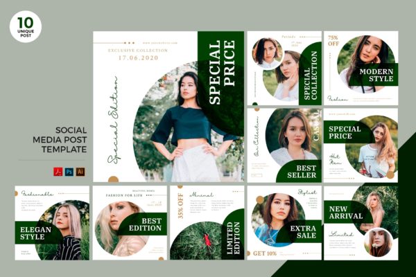 时尚女装品牌推广社交媒体PSD&AI模板蚂蚁素材精选 Nature Fashion Social Media Kit PSD & AI Template