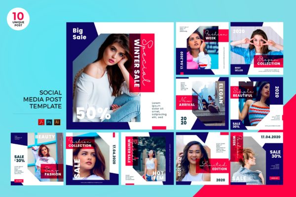 时尚品牌促销活动宣传社交媒体PSD&AI模板第一素材精选 Trendy Fashion Social Media Kit PSD & AI Template