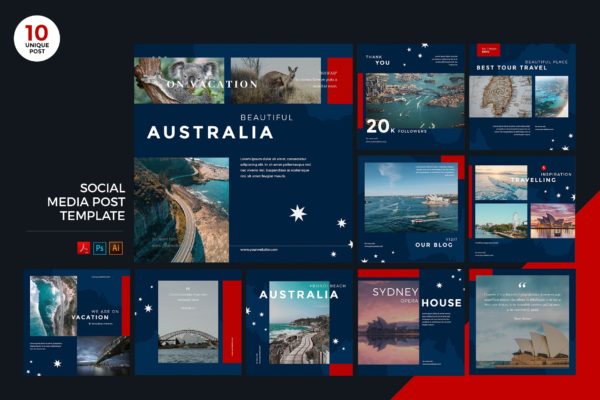 澳大利亚旅游推广社交媒体PSD&AI模板第一素材精选 Travel To Australia Social Media Kit PSD & AI