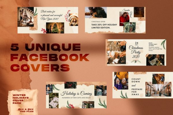 撕纸艺术风格圣诞节主题Facebook社交封面设计模板第一素材精选 Christmas Facebook Covers