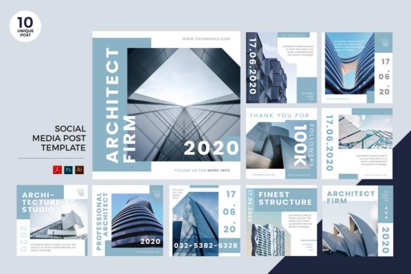 建筑主题社交媒体设计素材包 Architecture Social Media Kit PSD & AI
