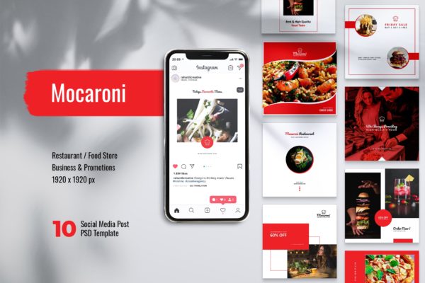 餐馆美食主题Instagram&Facebook社交文章贴图设计PSD模板蚂蚁素材精选 MOCARONI Restaurant/Food Instagram & Facebook Post
