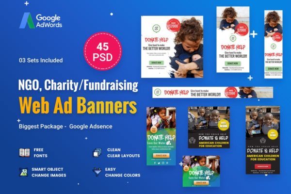 45个非盈利组织公益活动Banner第一素材精选广告模板 NGO, Charity/Fundraising Banner Ads –  45 PSD