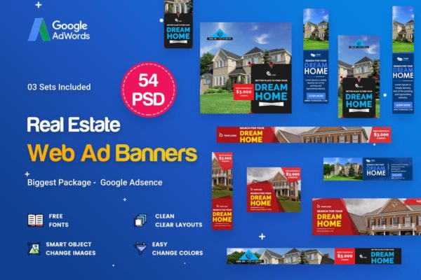 房屋租赁销售房地产行业Banner第一素材精选广告模板 Real Estate Banners Ads – 54 PSD [03 Sets]