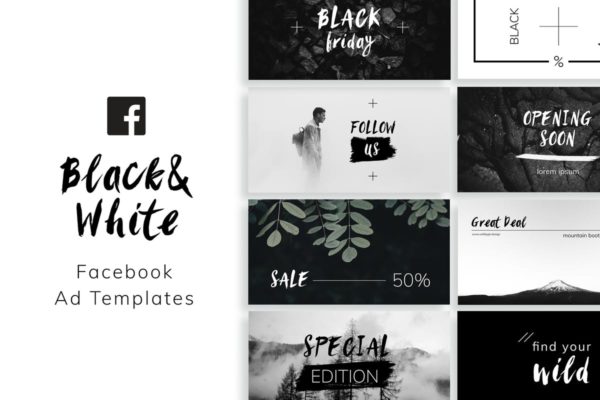 时尚黑白Facebook社交媒体广告模板 Black & White Facebook Ad Templates