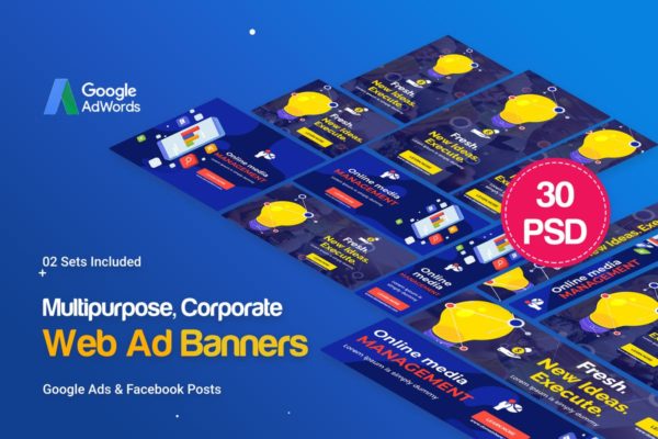 30个多尺寸多用途谷歌Banner第一素材精选广告模板 Multipurpose, Business Banners Ad