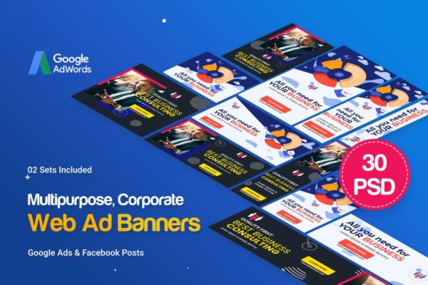 30个多用途多尺寸谷歌Banner第一素材精选广告模板 Multipurpose, Business Banners Ad
