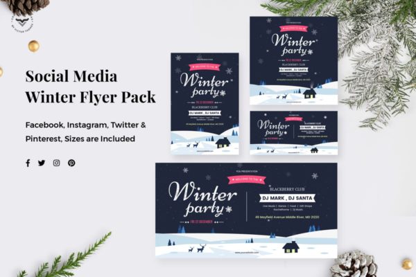 冬天主题社交媒体品牌蚂蚁素材精选广告模板合集 Winter Party Social Media Pack