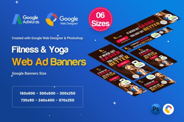 瑜伽＆健身谷歌广告Banner设计模板 Yoga & Fitness Banners Ad D35 – GWD & PSD
