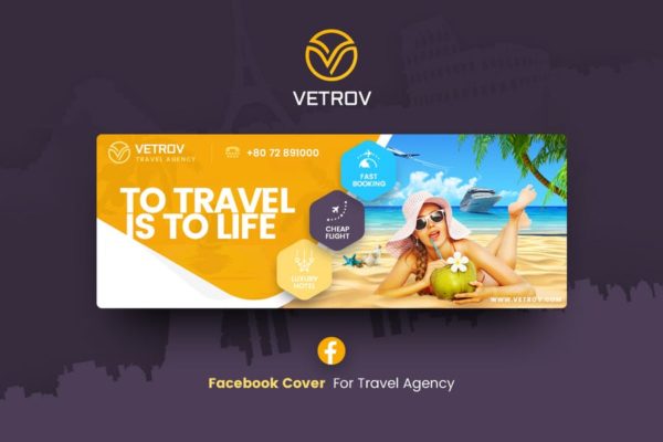 旅行社活动推广社交Banner蚂蚁素材精选广告模板 Vetrov – Travel Agency Facebook Cover Template
