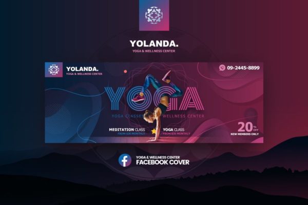 瑜伽&健身俱乐部社交推广第一素材精选广告模板 Yolanda-Yoga & Wellness Facebook Cover Template