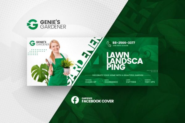 园艺设计绿化公司社交宣传第一素材精选广告模板 Genie’s Gardener Facebook Cover Template