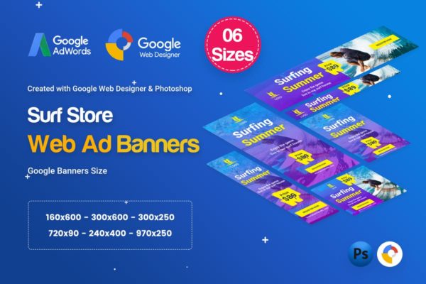 冲浪板单品促销HTML5横幅第一素材精选广告模板 Surf Board Banners HTML5 Ad D41 – GWD & PSD