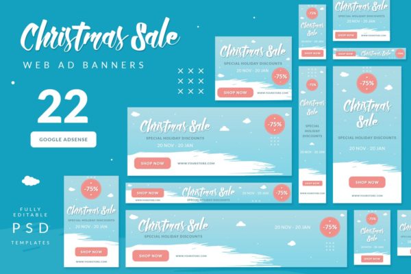 圣诞节主题背景多尺寸网站Banner蚂蚁素材精选广告模板 Christmas Sale Web Ad Banners
