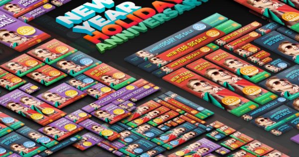 新年/周年纪念/假日大减价广告Banner图设计模板集 New Year, Anniversary, and Holiday Big Sale Ads