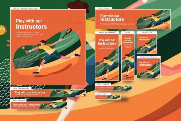 男子网球体育运动主题网站Banner广告图设计模板 Male Tennis Player Banners Ad Vector Illustration