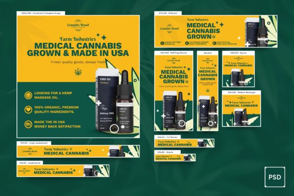 电子烟大麻油Banner横幅广告设计PSD模板 Cannabis Hemp Oil Banners Ad PSD Template