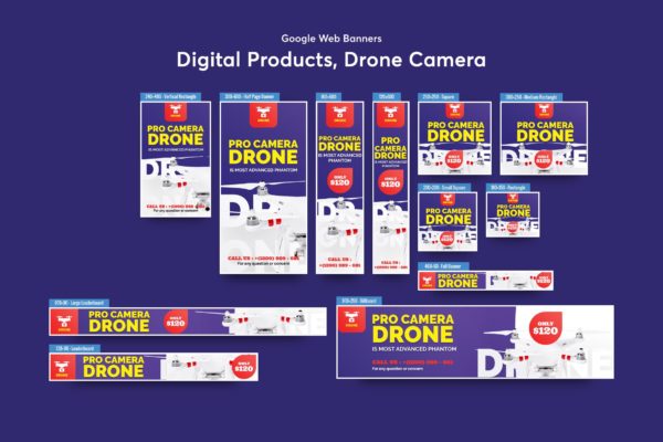 无人机产品展示Banner横幅蚂蚁素材精选广告模板 Drone Product Showcase Banners Ad